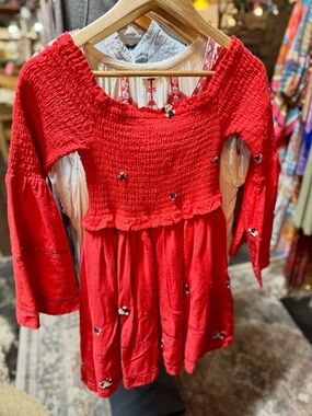 Free People Smocked Mini Dress Size S Red Embroidered Boho